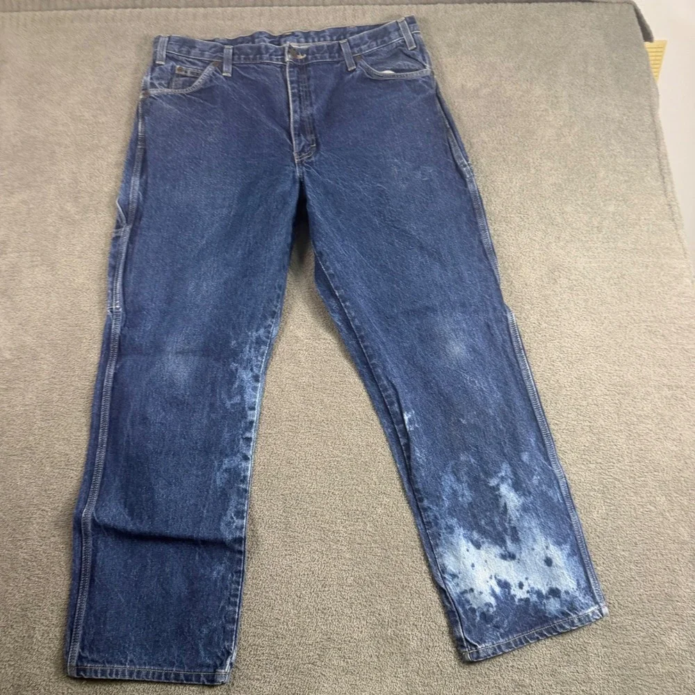 Dickies Mens Relaxed Fit Carpenter Jeans Blue Bleached Distressed 38x32 Utility